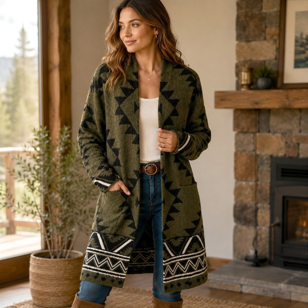 Frye NWT Southwestern Aztec Long Cardigan L Olive Geometric Open Front Pockets